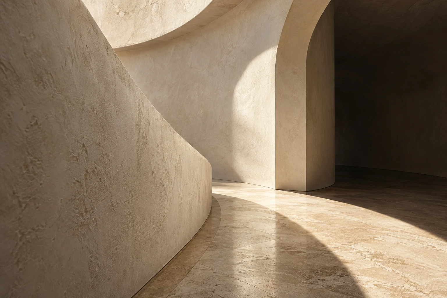 Illustrative sculptural ivory architecture with sweeping curves and warm desert light